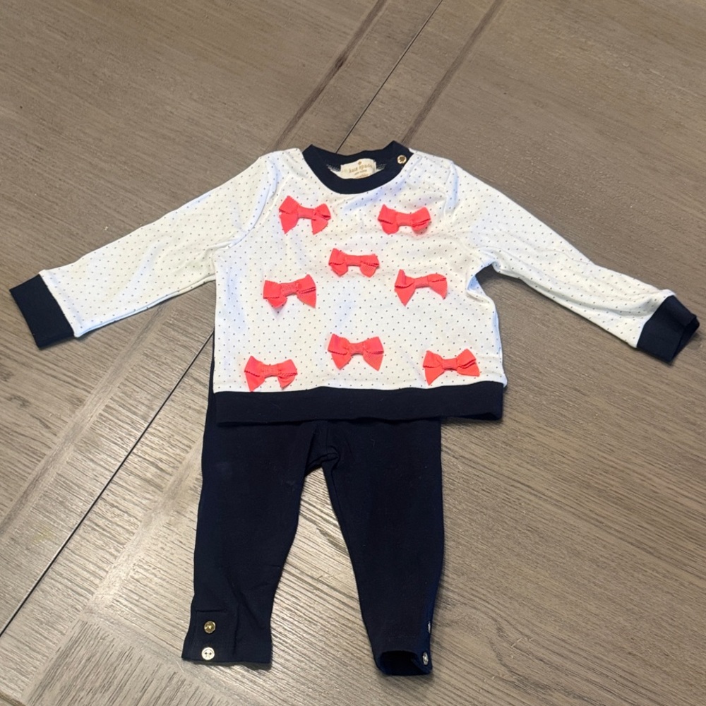 White and Navy Polka Dot Outfit with Pink Bows